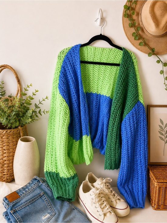 wild fable Sweaters - Wild Fable Chunky Y2K Knit Colorblock Cardigan Green Blue Open Front XXL